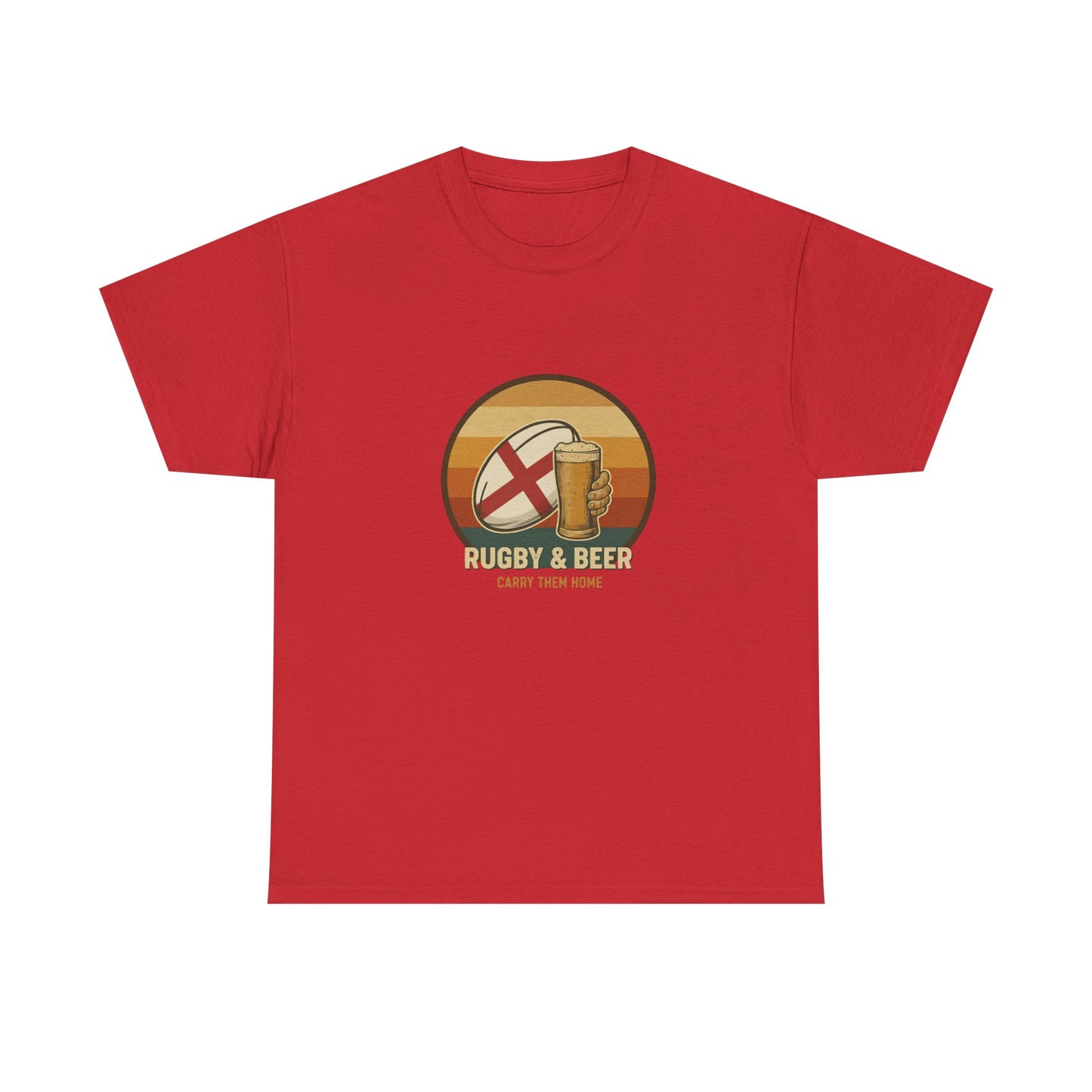 Red vintage English Rugby & Beer T-Shirt with Carry Them Home design, laid flat.
