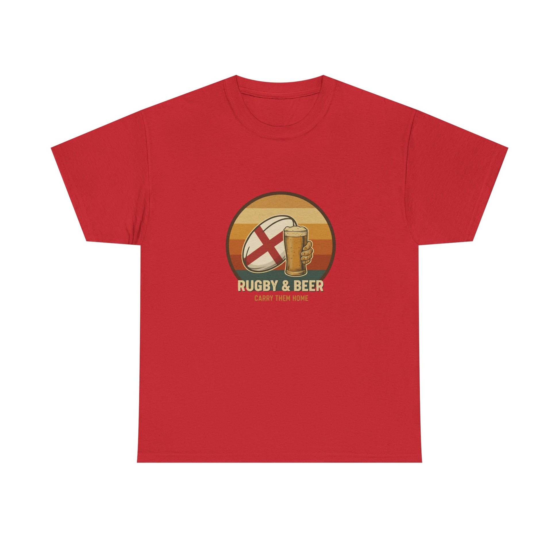 Red vintage English Rugby & Beer T-Shirt with Carry Them Home design, laid flat.