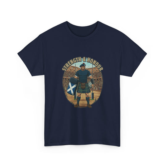 Navy t-shirt with a graphic of a Scottish rugby player and `Strength & Honour` text on a white background
