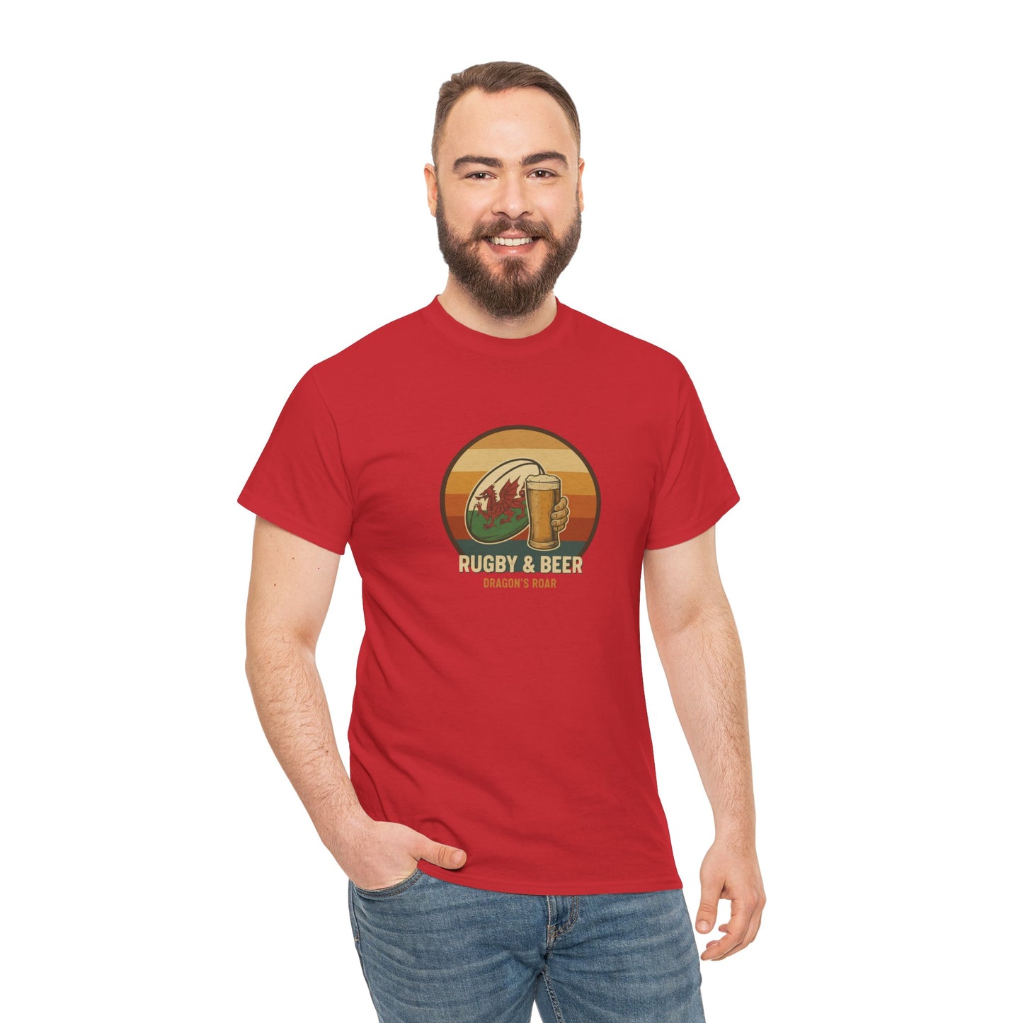 Man wearing red vintage Welsh Rugby & Beer T-Shirt with Dragon's Roar design, funny Wales Rugby Top for supporters.