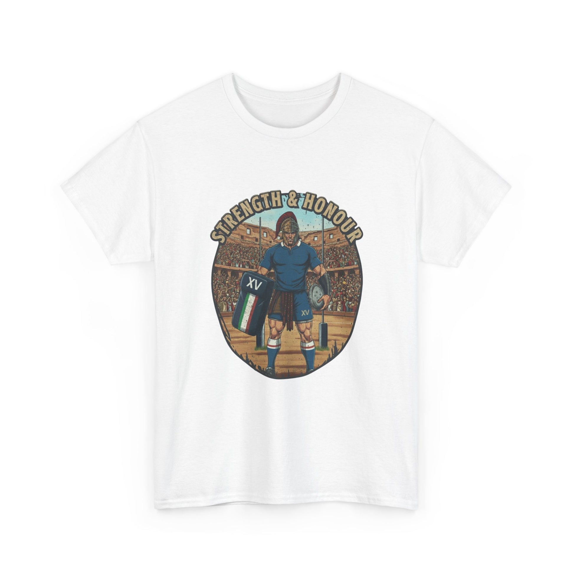 White t-shirt with a graphic of an Italian rugby player with `Strength & Honour` text on a white background