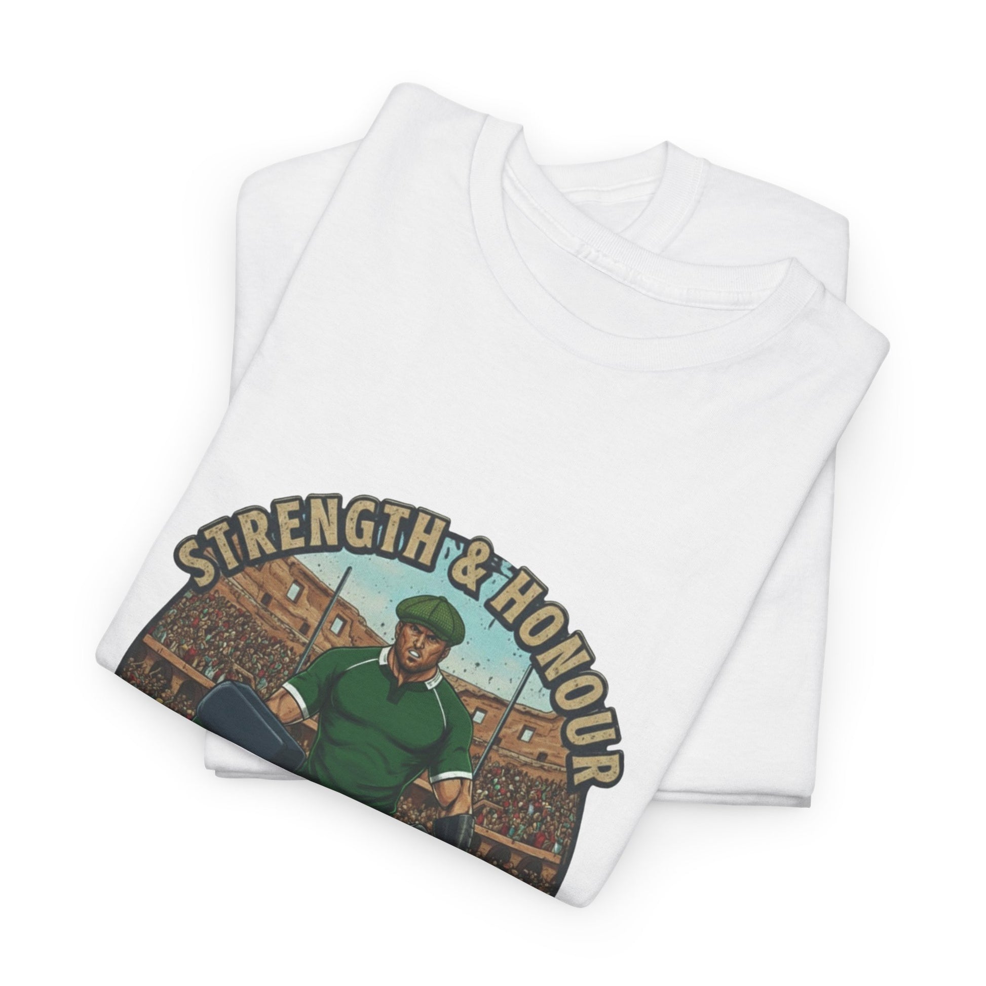 Folded white t-shirt with a graphic of a Irish rugby player with `Strength & Honour` text on a white background