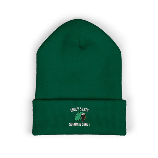 Scrum & Stout Navy Beanie | Irish Rugby Fan Knit Hat | Rugby & Beer Cuffed Beanie