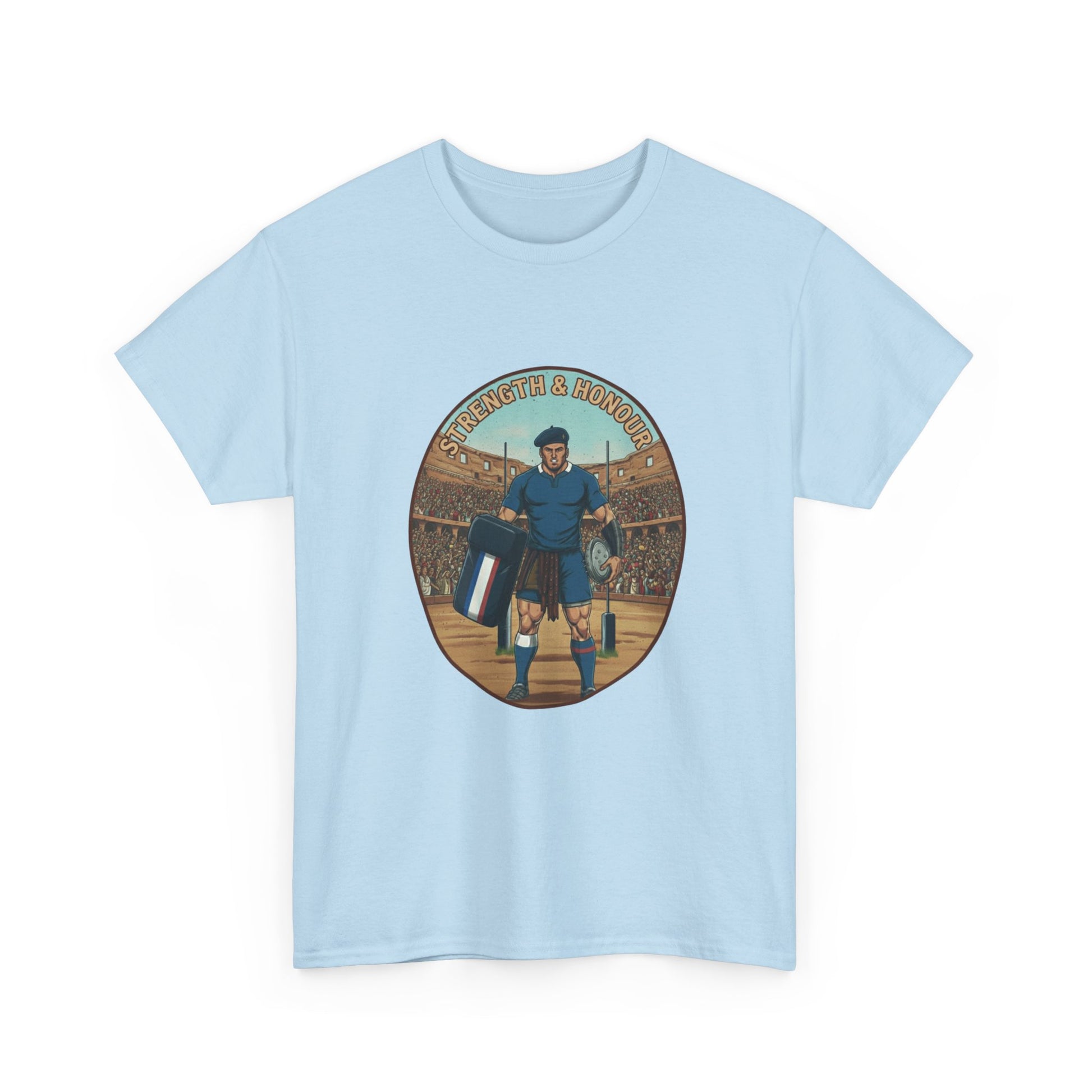 Light blue t-shirt with a graphic of a French rugby player and `Strength & Honour` text on a white background