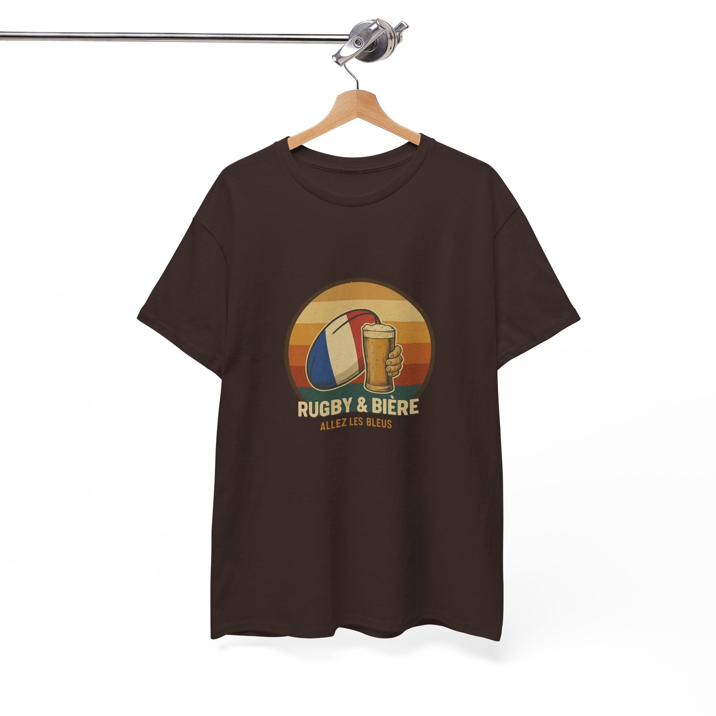 Vintage chocolate French Rugby & Beer Allez Les Bleus T-Shirt on a hanger