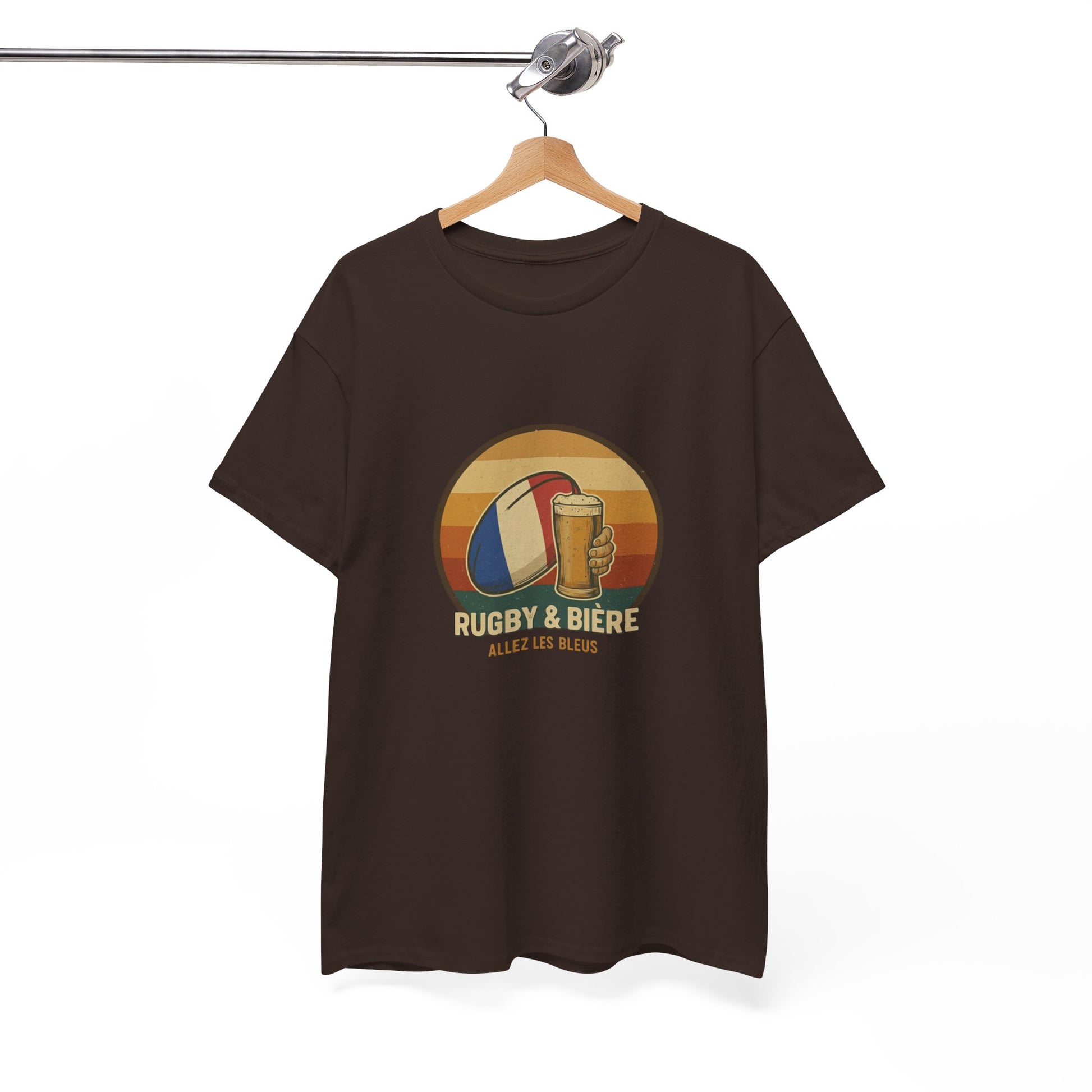 Vintage chocolate French Rugby & Beer Allez Les Bleus T-Shirt on a hanger