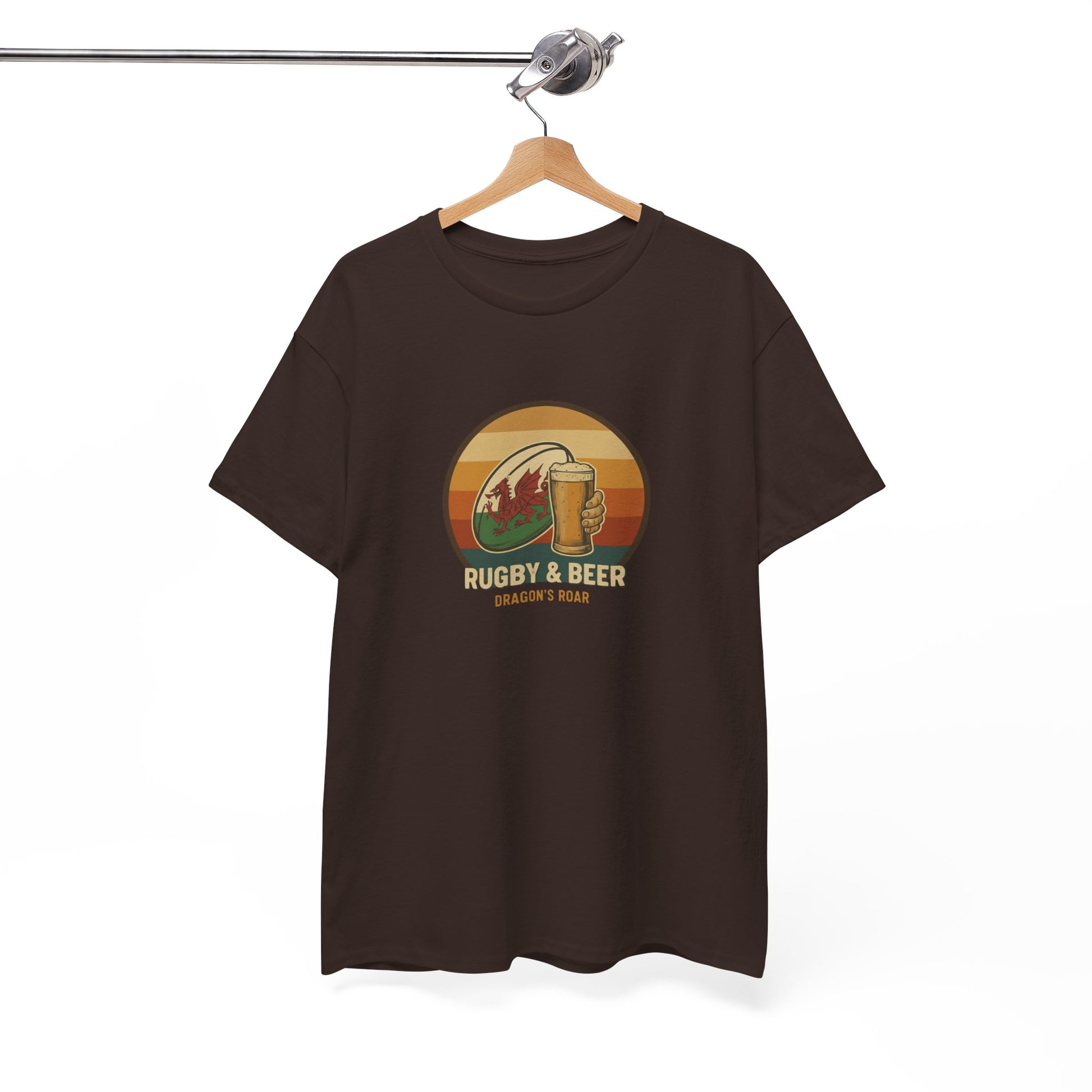 Chocolate vintage Welsh Rugby & Beer T-Shirt with Dragon's Roar design, on a hanger.