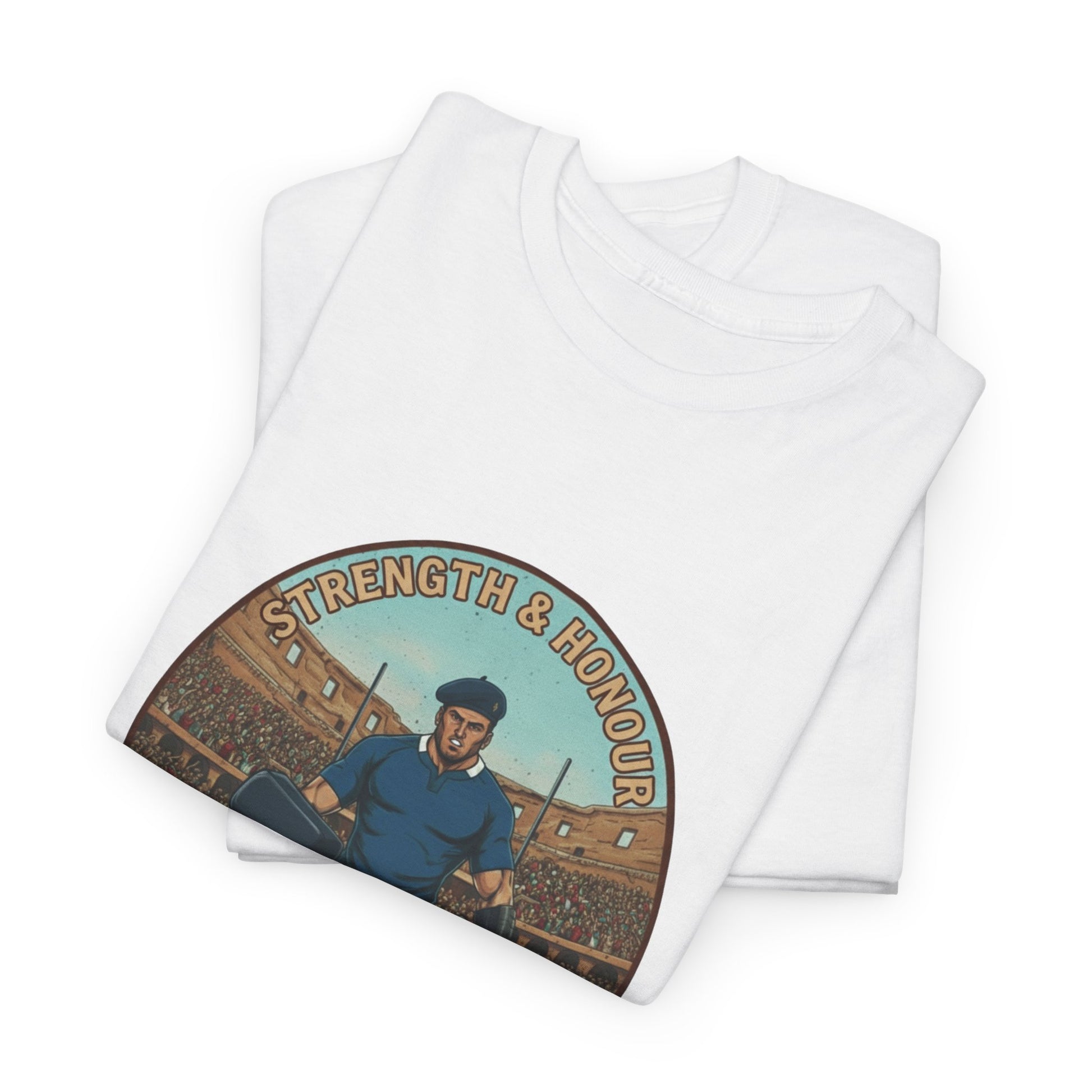 Folded White t-shirt with a graphic of a French rugby player, with 'Strength & Honour' text, on a white background.