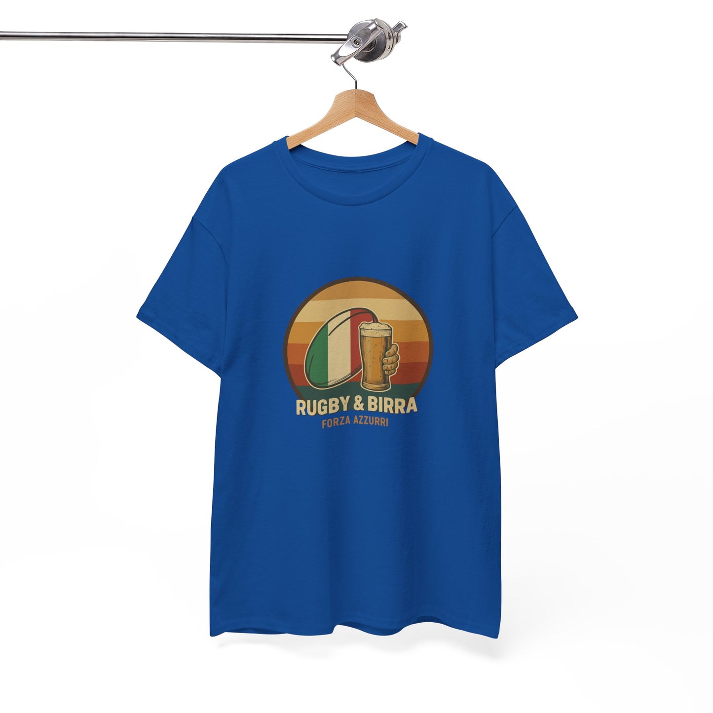 Blue vintage Italian Rugby & Beer T-Shirt with Forza Azzurri design on a hanger
