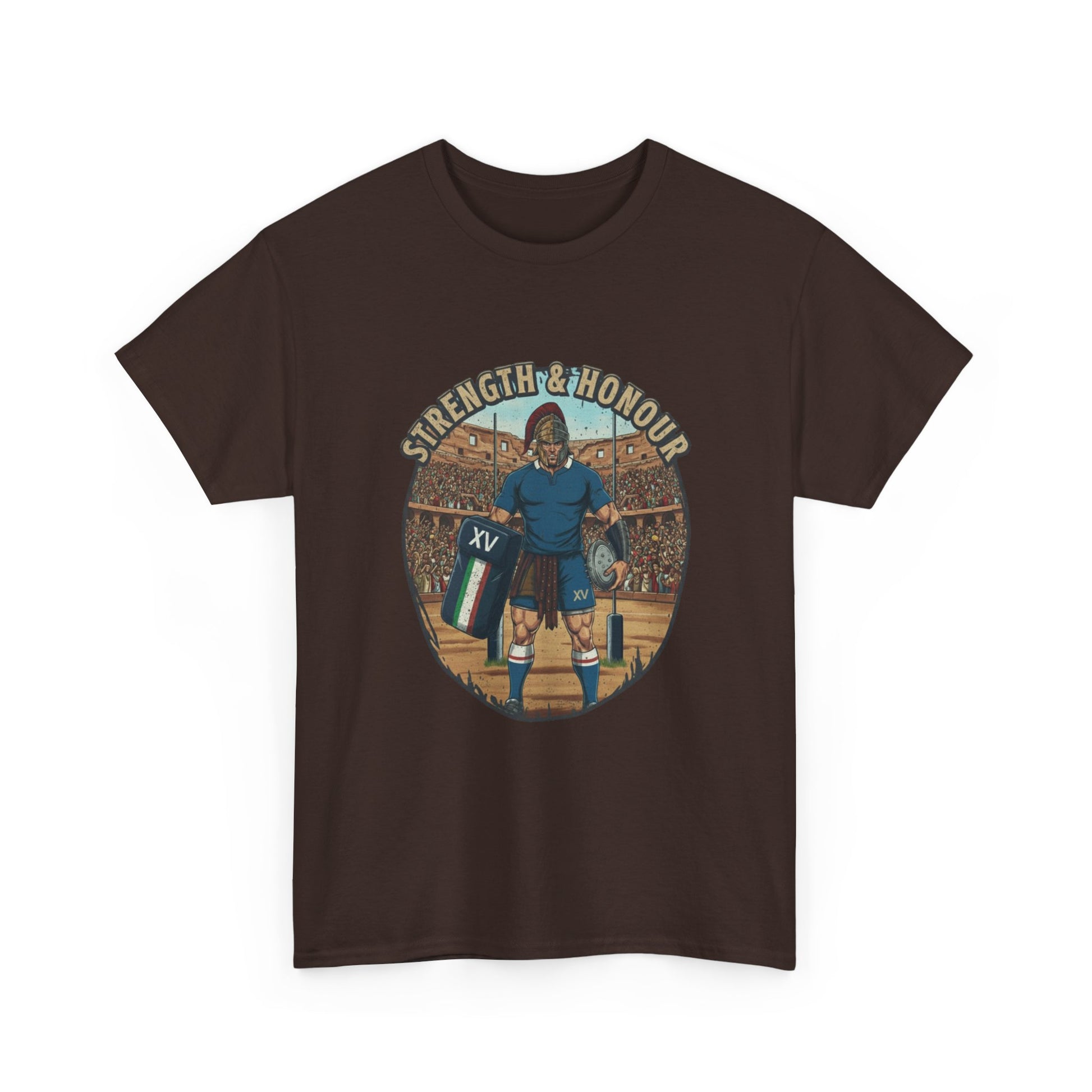 Brown t-shirt with a graphic of an Italian rugby player with `Strength & Honour` text on a white background