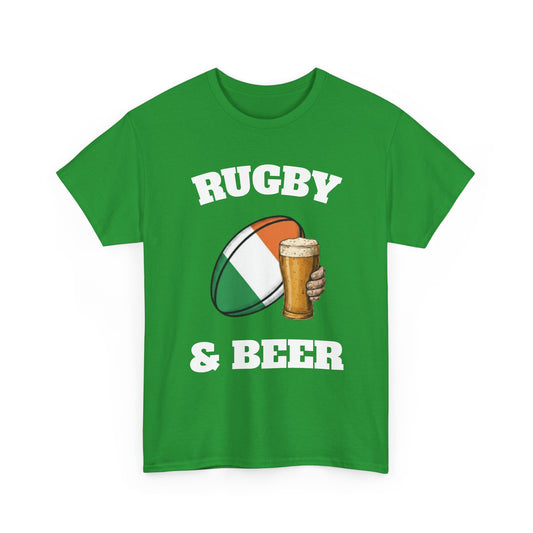 Green Irish Rugby Fan t-shirt with Irish Flag and 'Rugby & Beer' text on a white background 