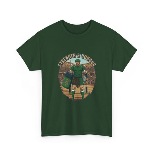 Green t-shirt with a graphic of a Irish rugby player with `Strength & Honour` text on a white background