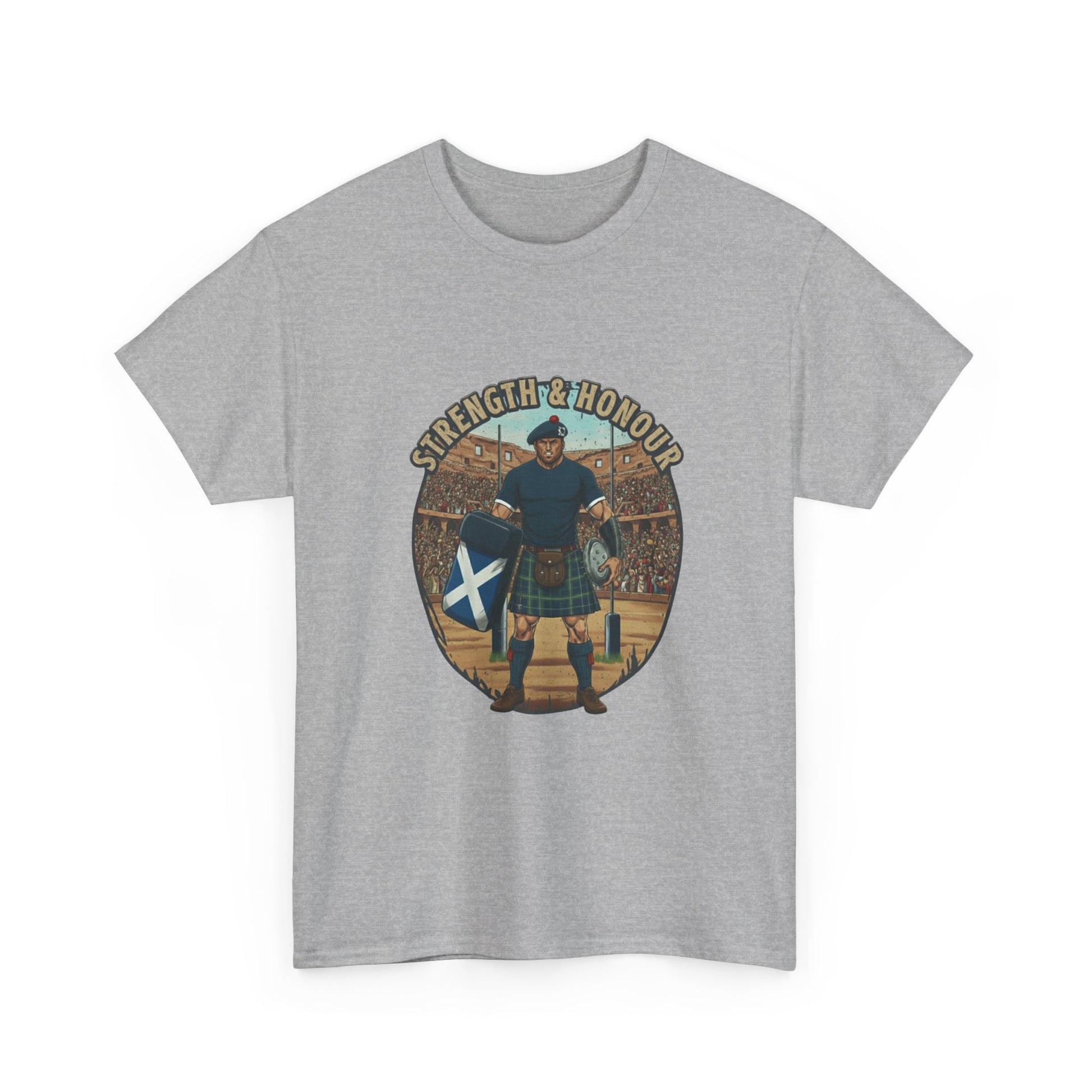 Light grey t-shirt with a graphic of a Scottish rugby player wearing a kilt and `Strength & Honour` text on a white background