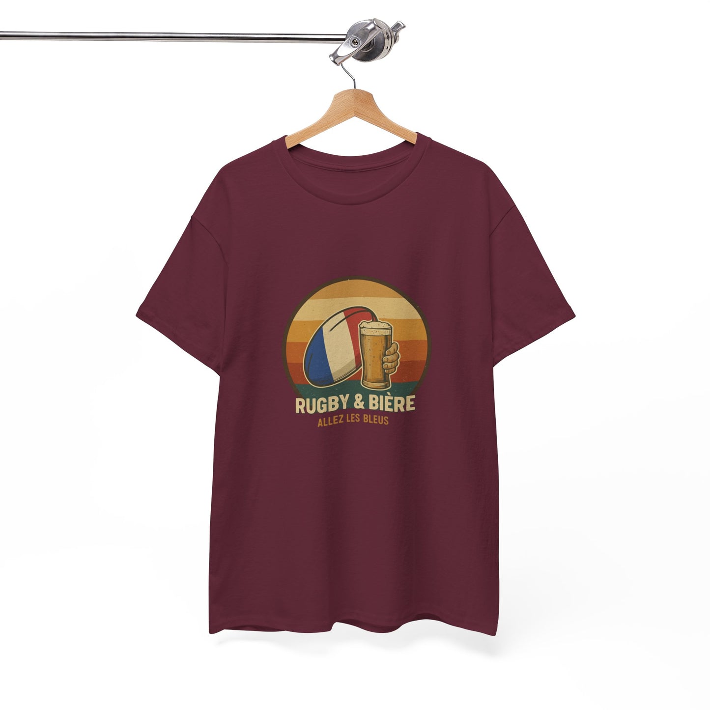 Vintage maroon French Rugby & Beer Allez Les Bleus T-Shirt on a hanger