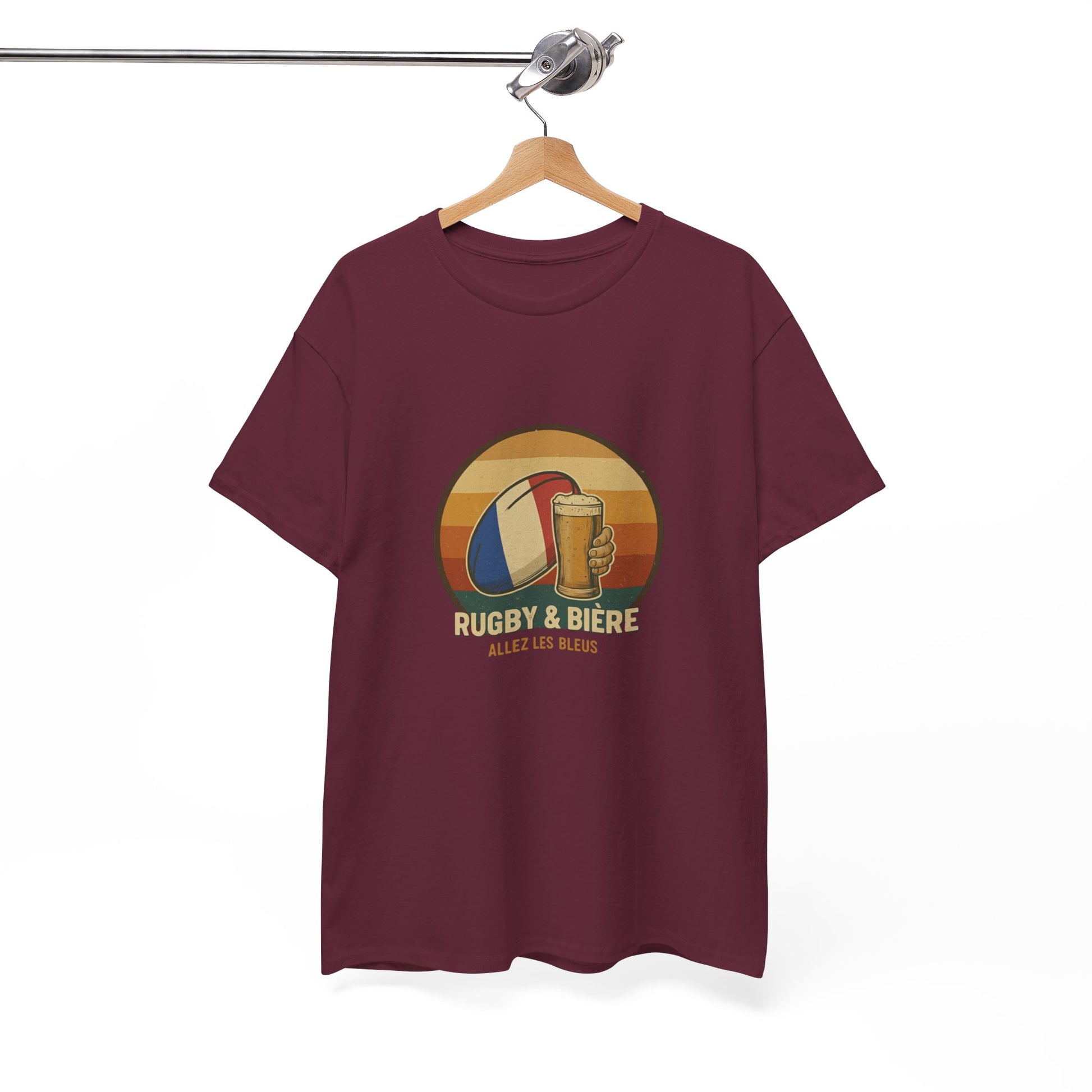 Vintage maroon French Rugby & Beer Allez Les Bleus T-Shirt on a hanger