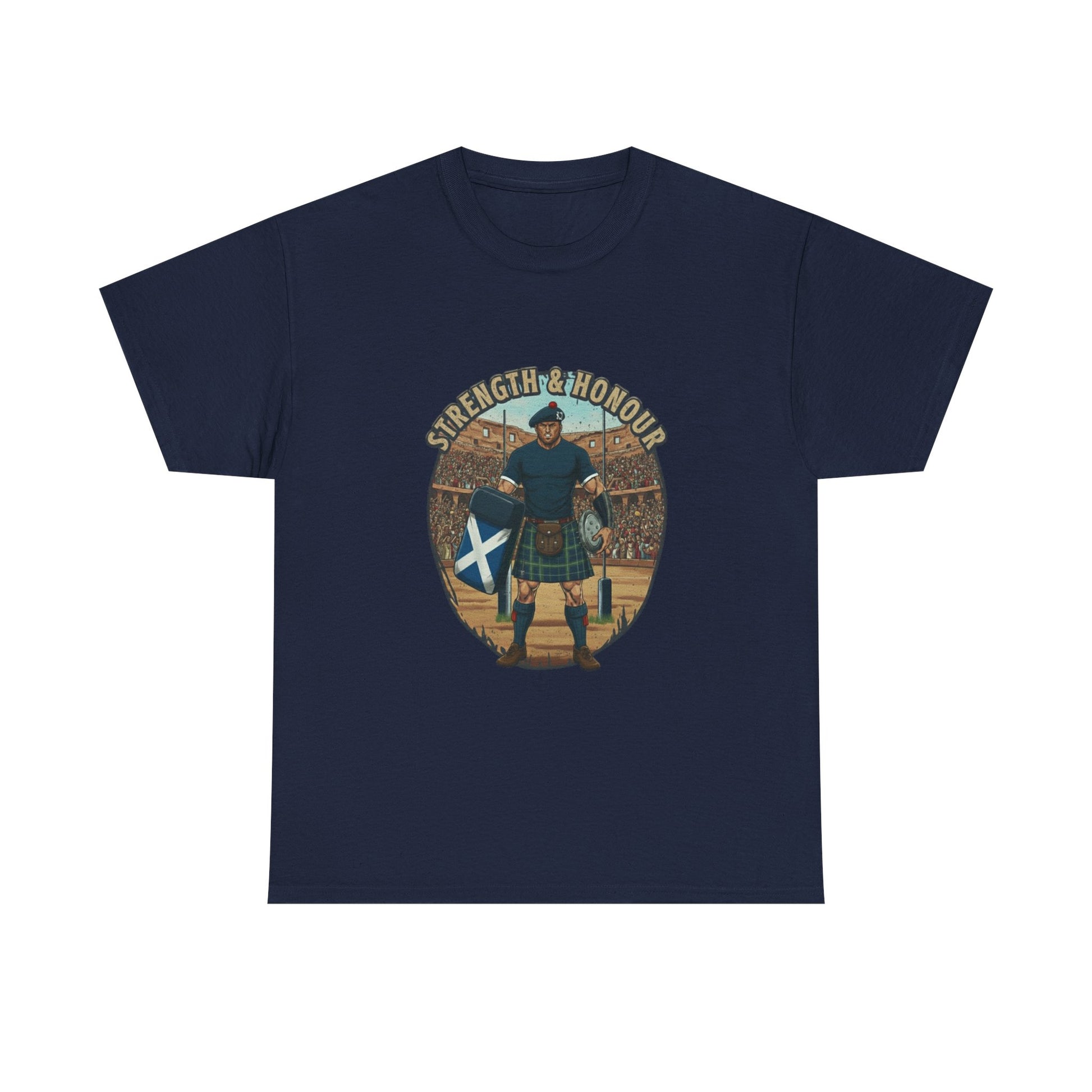Navy t-shirt with a graphic of a Scottish rugby player wearing a kilt and `Strength & Honour` text on a white background