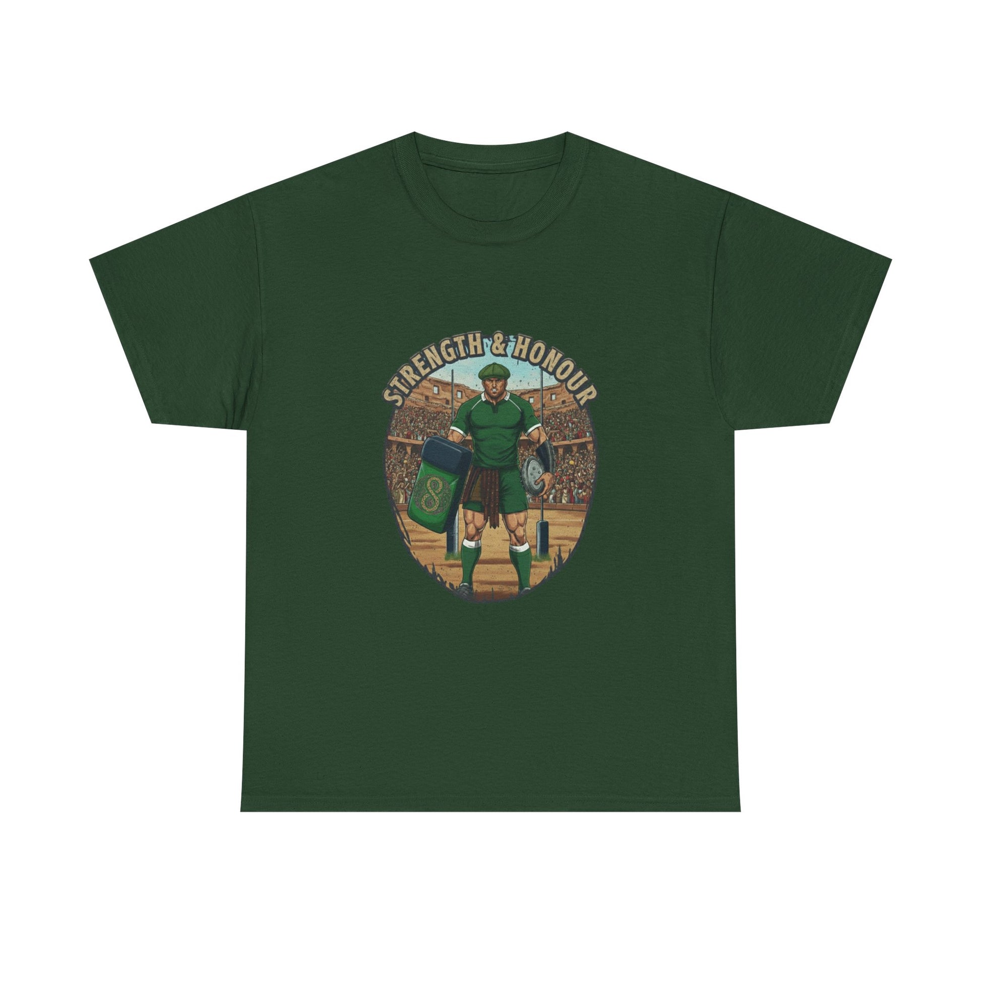 Green fan t-shirt with a graphic of a Irish rugby player with `Strength & Honour` text on a white background