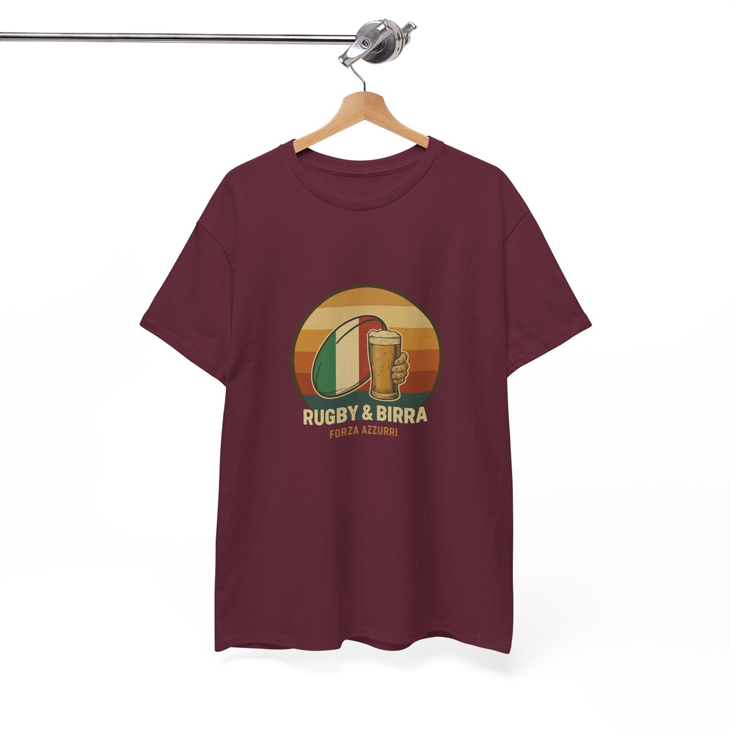 Vintage maroon Italian Rugby & Beer Forza Azzuri T-Shirt on a hanger