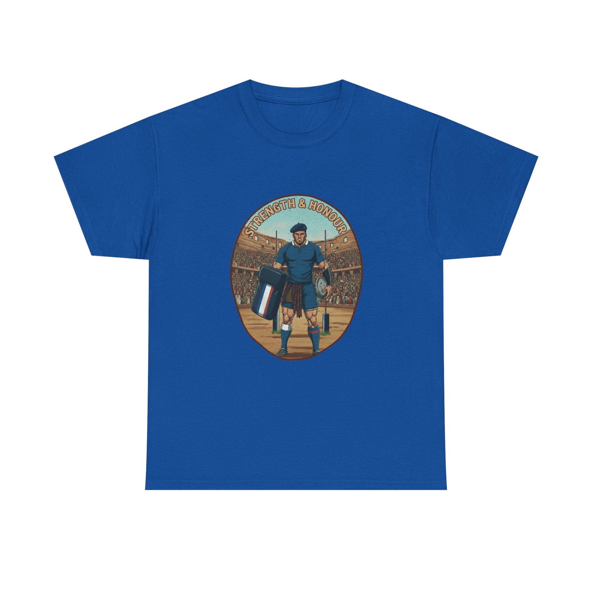 Blue t-shirt with a graphic of a French Rugby player with `Strength & Honour` text on a white background
