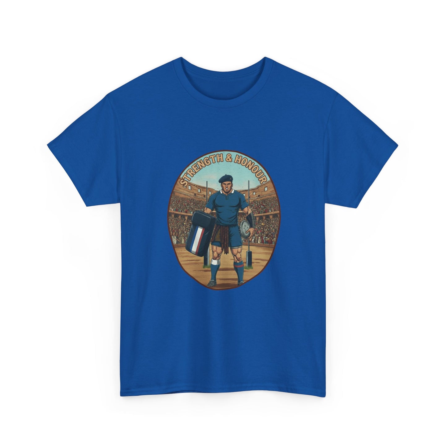 Blue t-shirt with a graphic of a French rugby player and 'Strength & Honor' text on a white background
