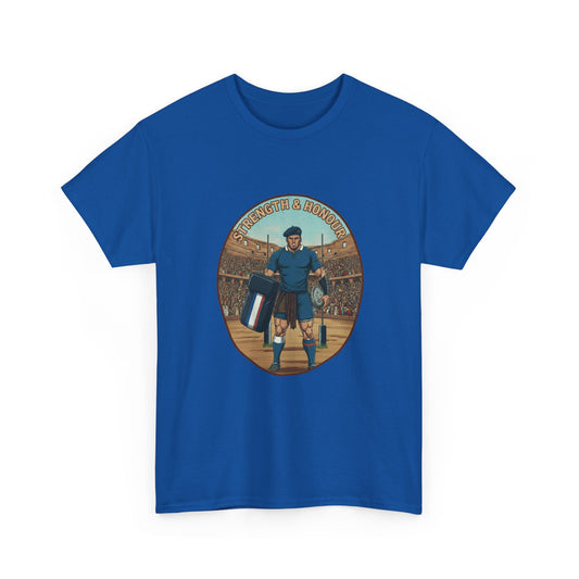 Blue t-shirt with a graphic of a French rugby player and 'Strength & Honor' text on a white background