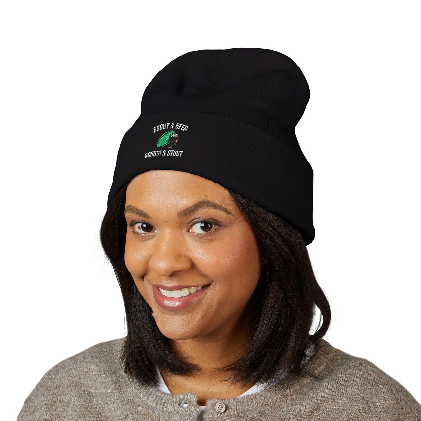 Scrum & Stout Navy Beanie | Irish Rugby Fan Knit Hat | Rugby & Beer Cuffed Beanie