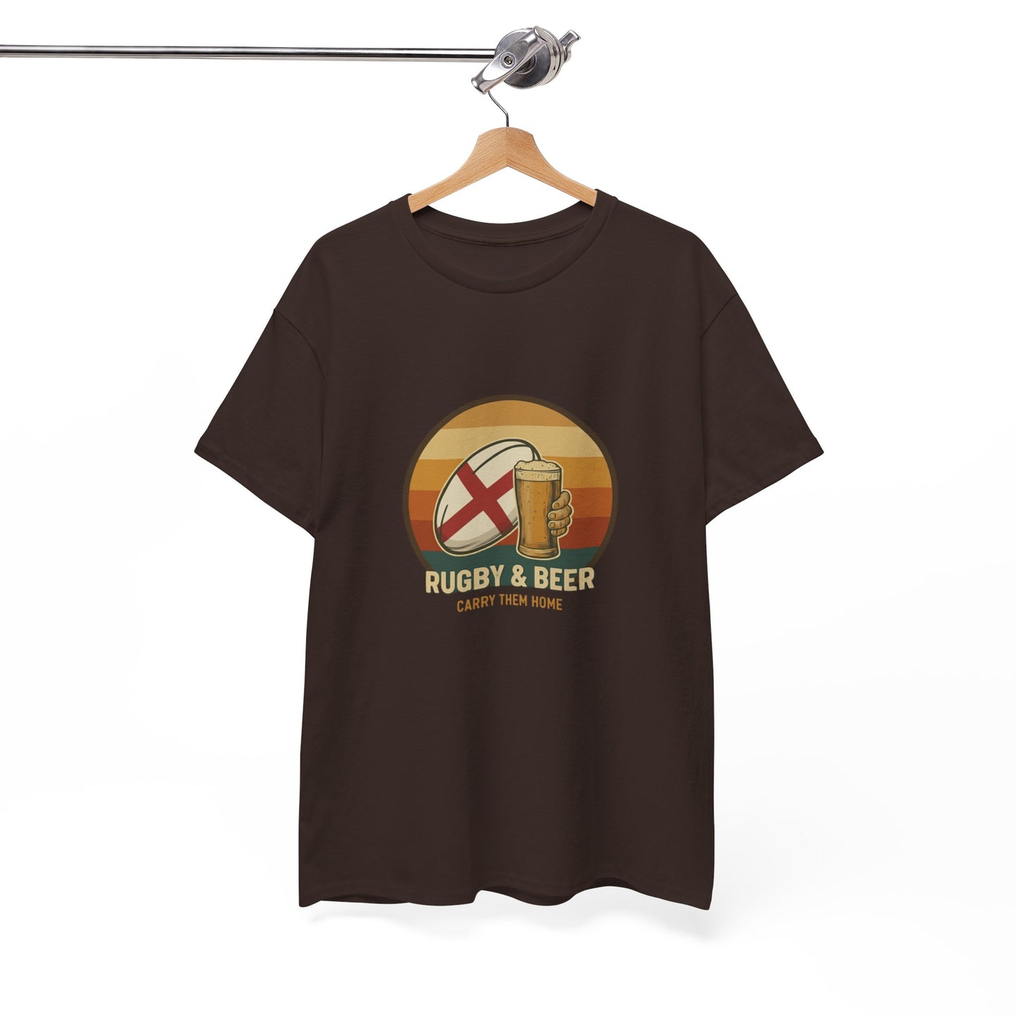 Chocolate vintage English Rugby & Beer T-Shirt with Carry Them Home design, on a hanger.