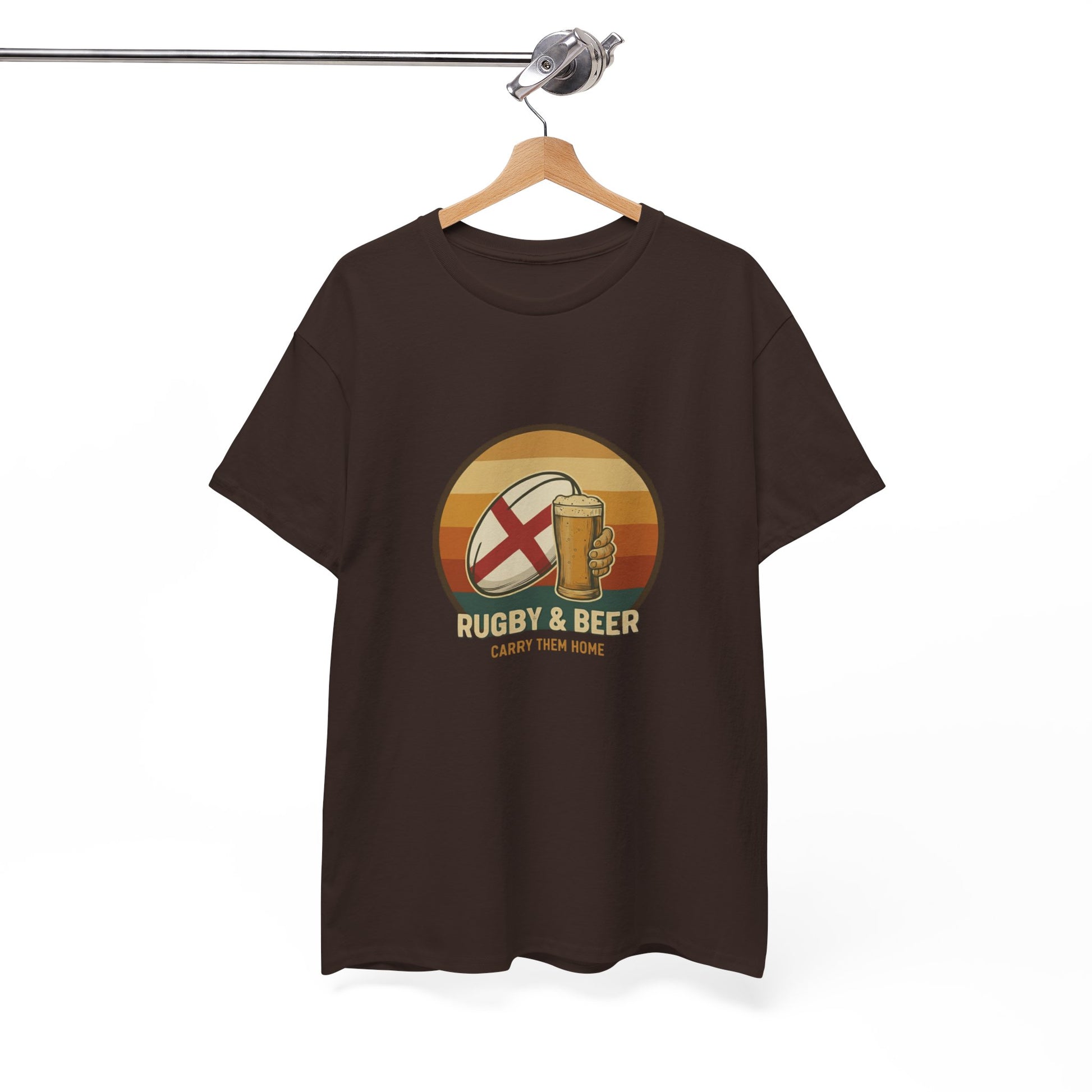 Chocolate vintage English Rugby & Beer T-Shirt with Carry Them Home design, on a hanger.