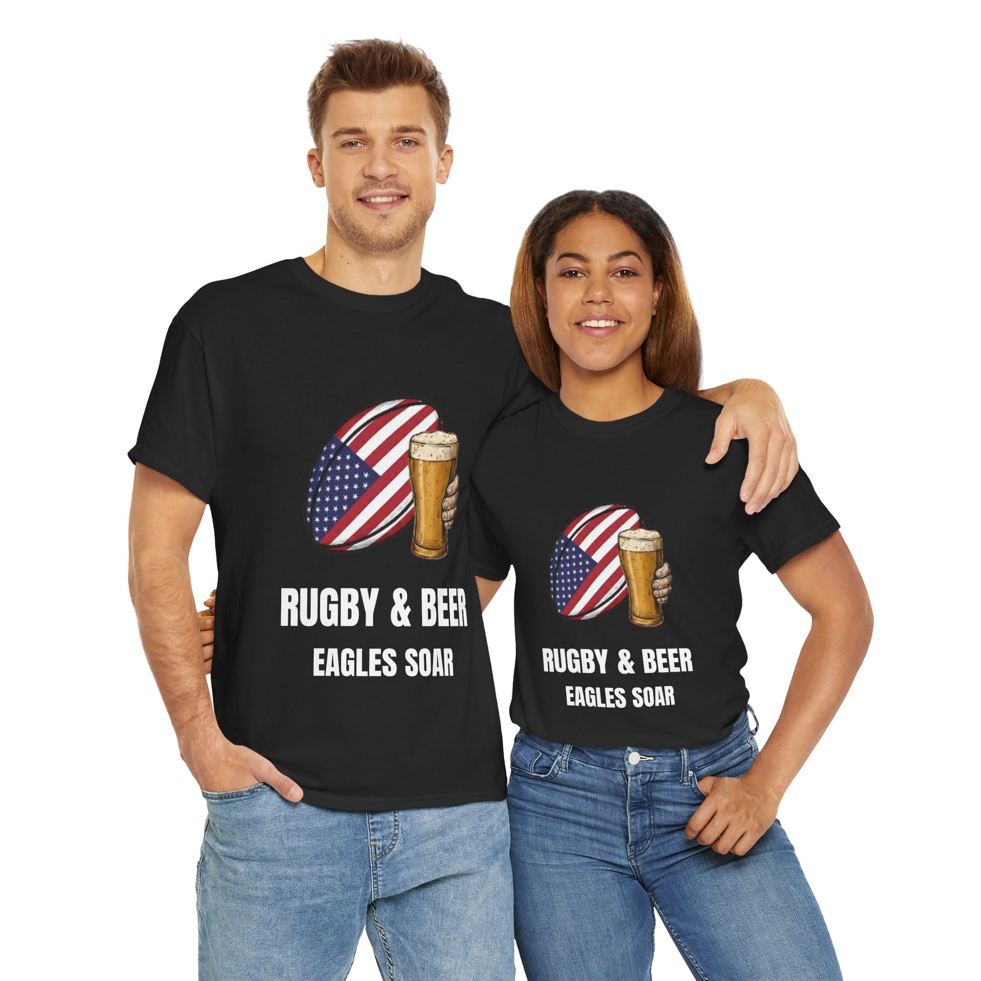 Couple wearing Black Eagles Soar t-shirt with rugby and beer graphic and text on a white background
