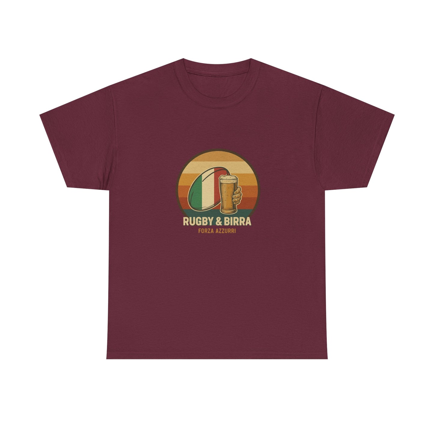 Vintage maroon Italian Rugby & Beer Forza Azzuri T-Shirt flat lay, funny Italian Rugby Tee for supporters