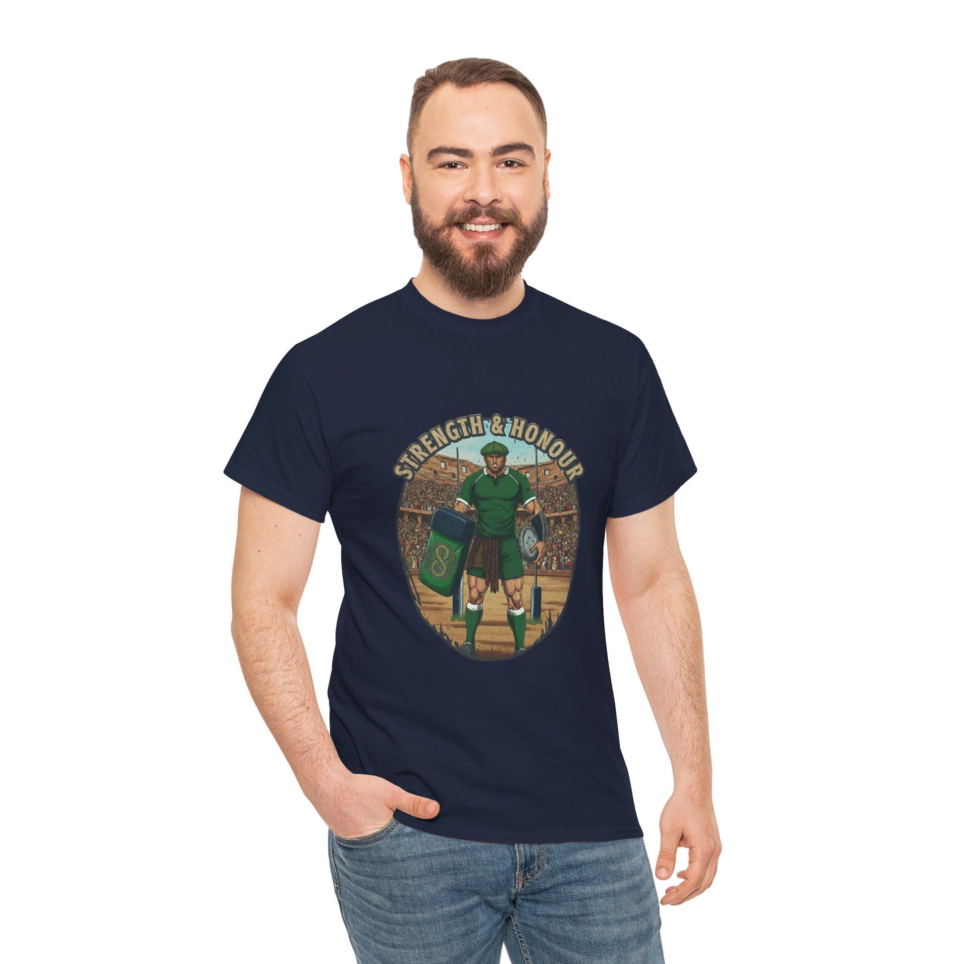 Man wearing Navy t-shirt with a graphic of a Irish rugby player with `Strength & Honour` text on a white background
