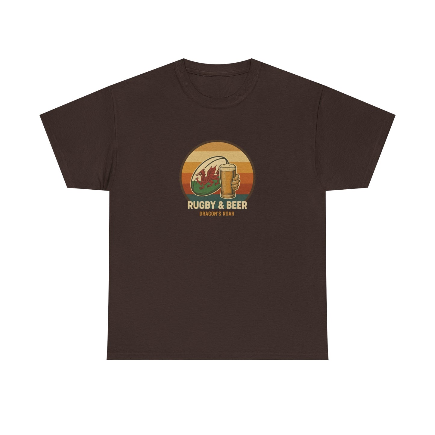 Chocolate vintage Welsh Rugby & Beer T-Shirt with Dragon's Roar design, laid flat.