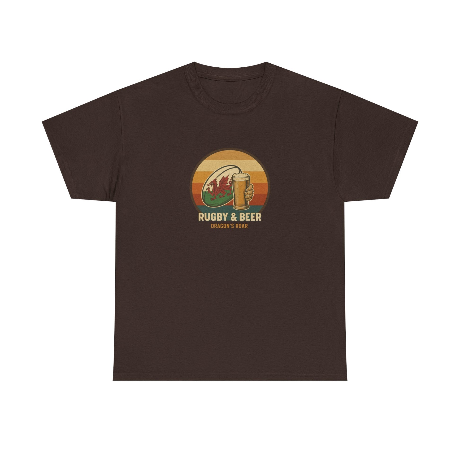 Chocolate vintage Welsh Rugby & Beer T-Shirt with Dragon's Roar design, laid flat.