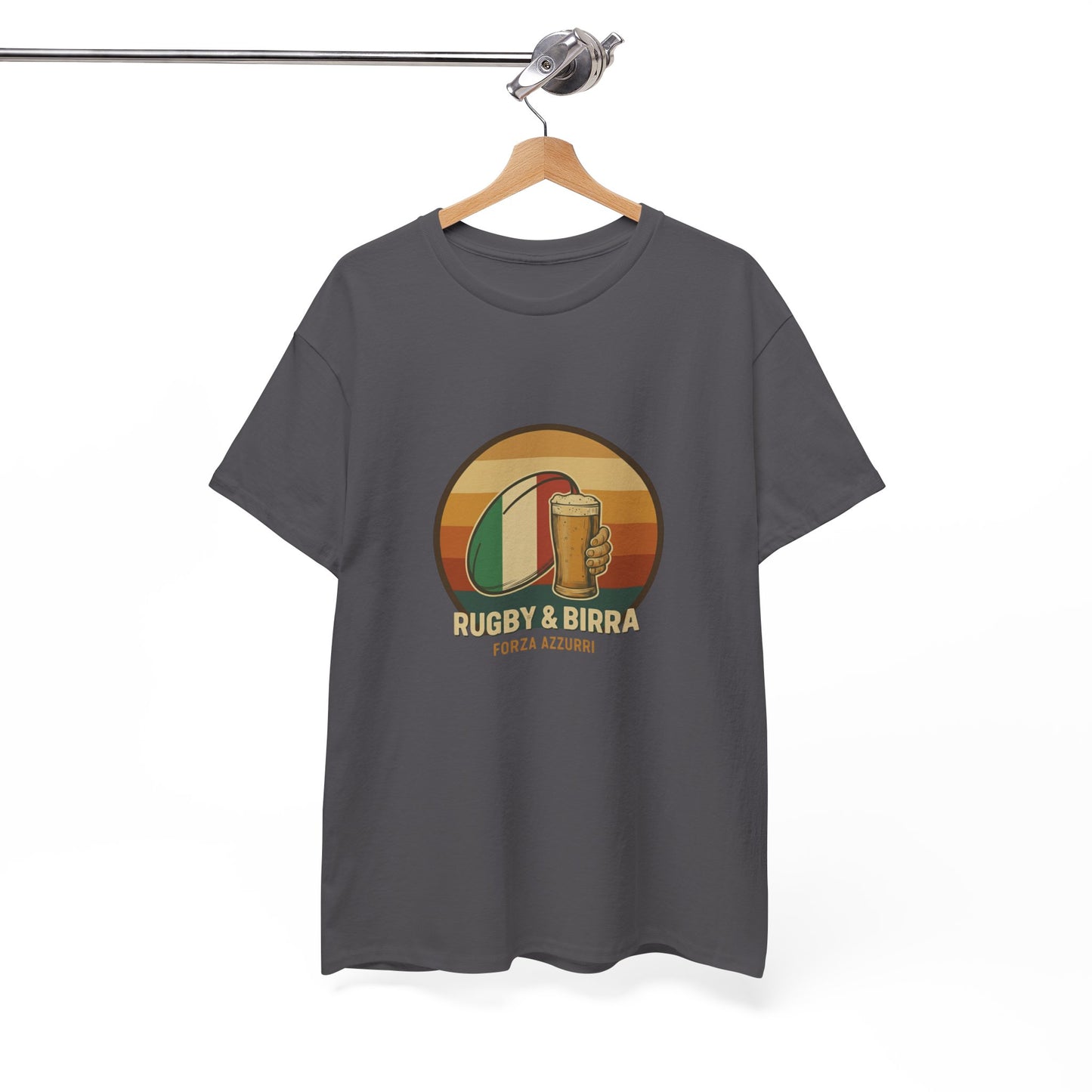 Charcoal vintage Italian Rugby & Beer T-Shirt with Forza Azzurri design, on a hanger.
