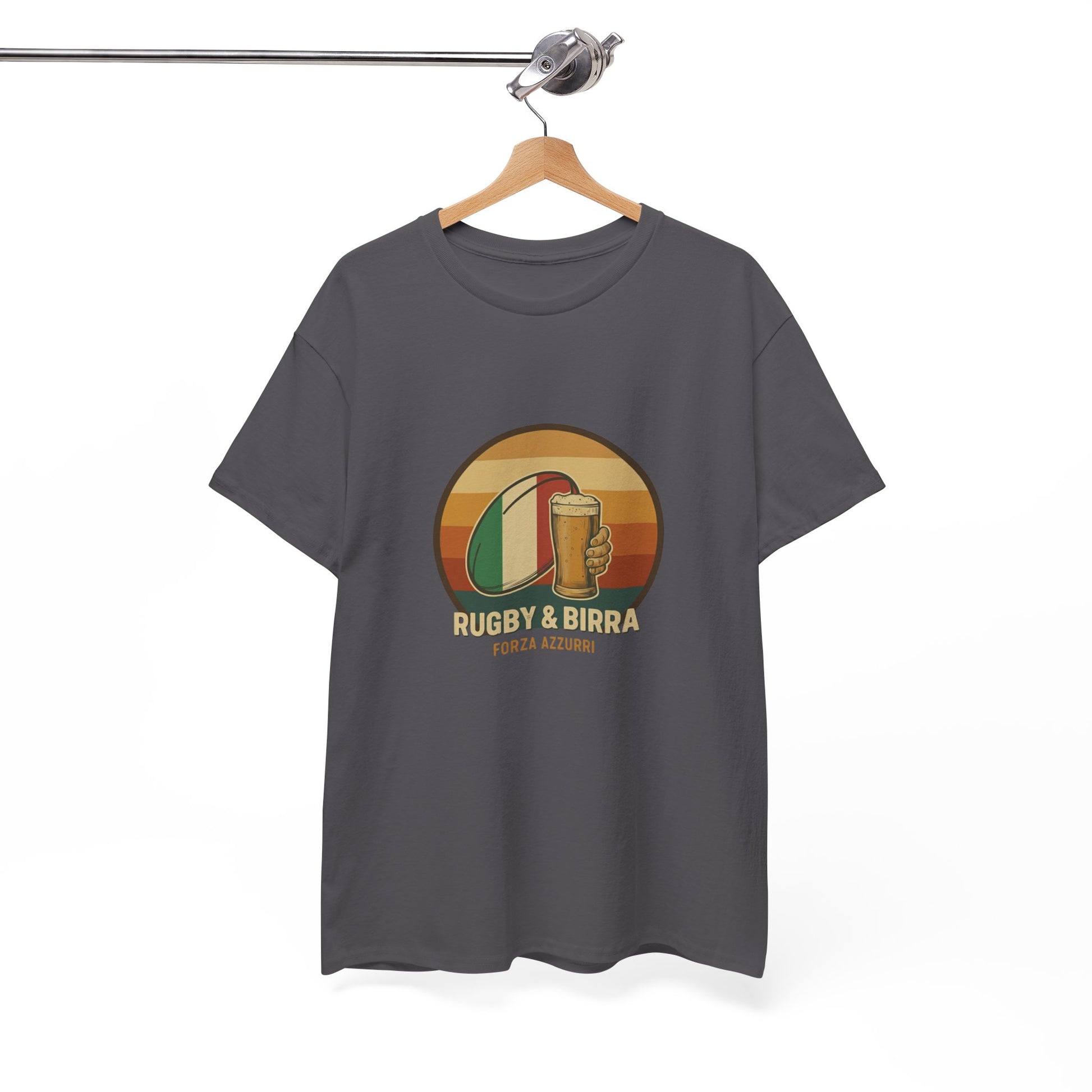 Charcoal vintage Italian Rugby & Beer T-Shirt with Forza Azzurri design, on a hanger.
