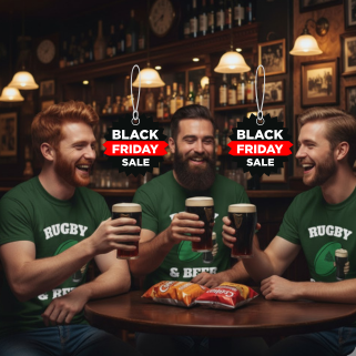 Black Friday Sale photo with 3 friends wearing Rugby & Beer T-Shirts at Bar