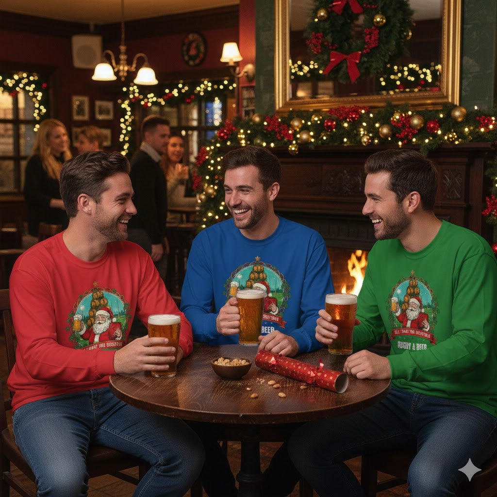Four males wearing all i want for christmas is Rugby & Beer long sleeve tops