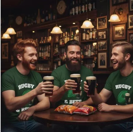 3 friends in a bar wearing Irish ugby T-shirt wuth rugby and beer design