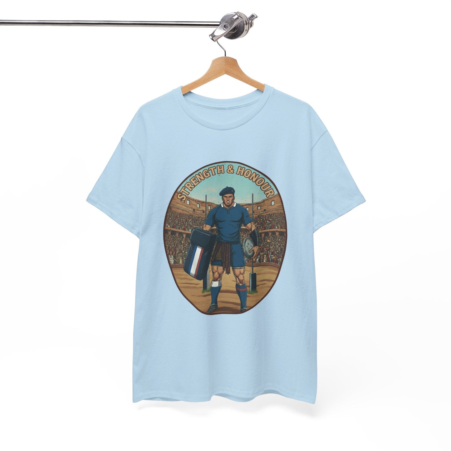 French Rugby Warrior "Strength & Honour" T-Shirt | Roman Gladiator Style Rugby Fan Tee - Rugby & Beer