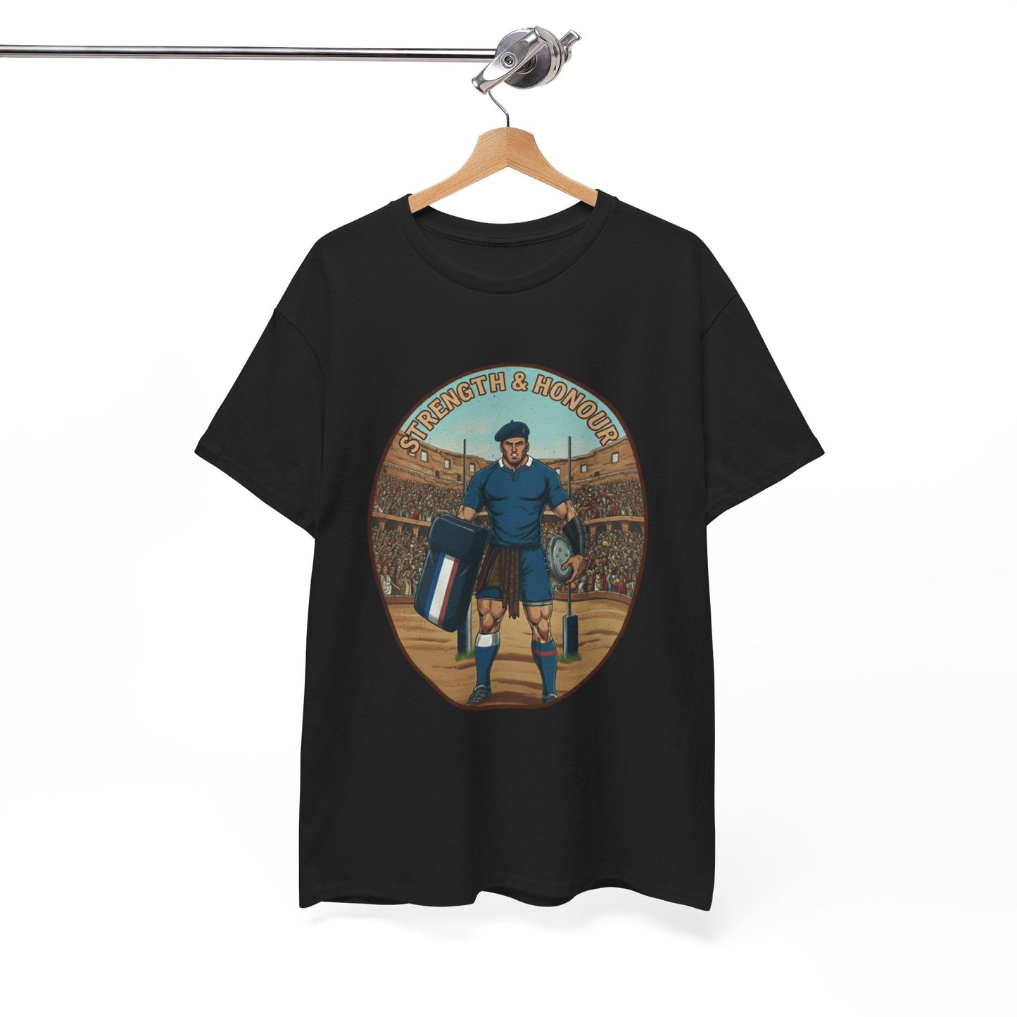 French Rugby Warrior "Strength & Honour" T-Shirt | Roman Gladiator Style Rugby Fan Tee - Rugby & Beer
