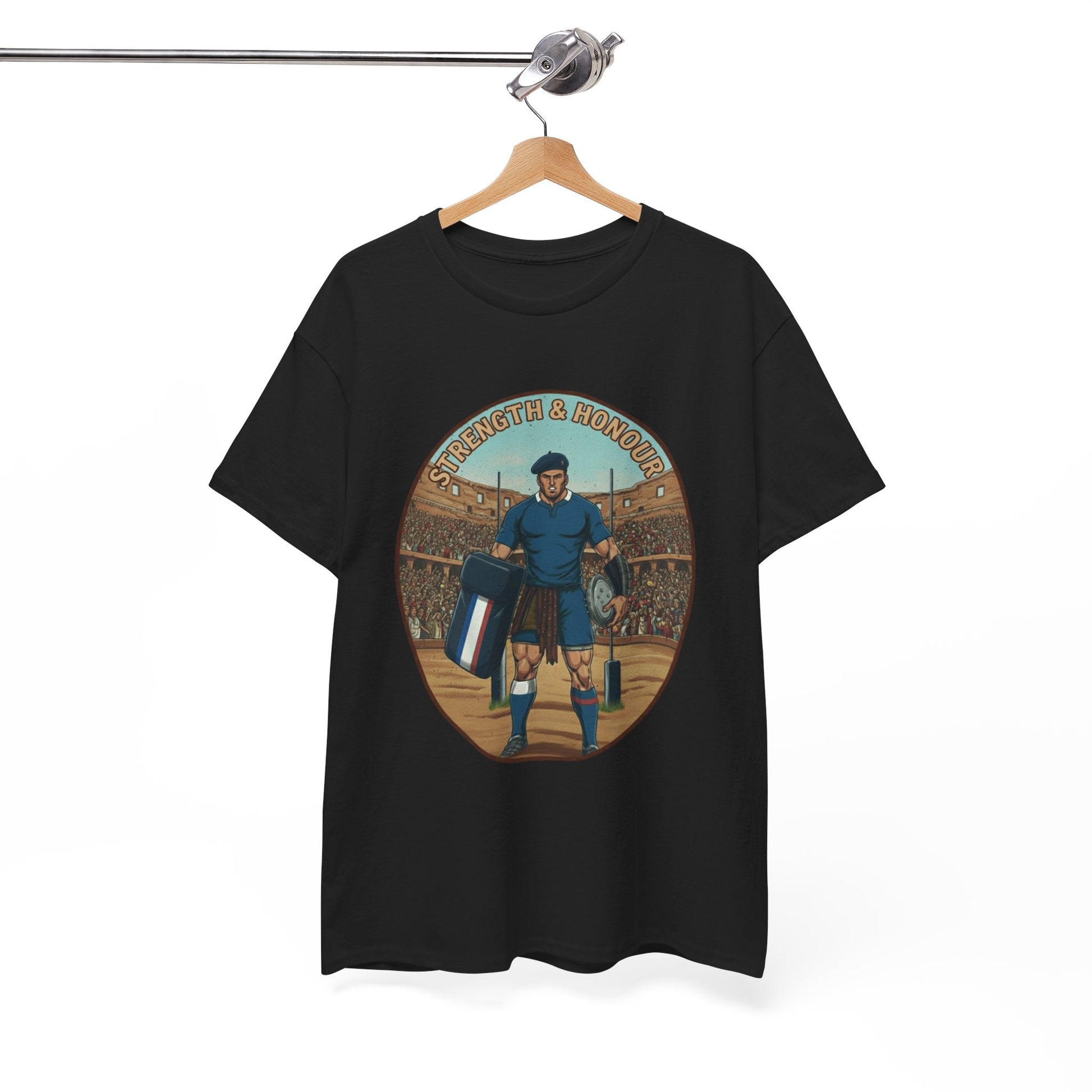 French Rugby Warrior "Strength & Honour" T-Shirt | Roman Gladiator Style Rugby Fan Tee - Rugby & Beer