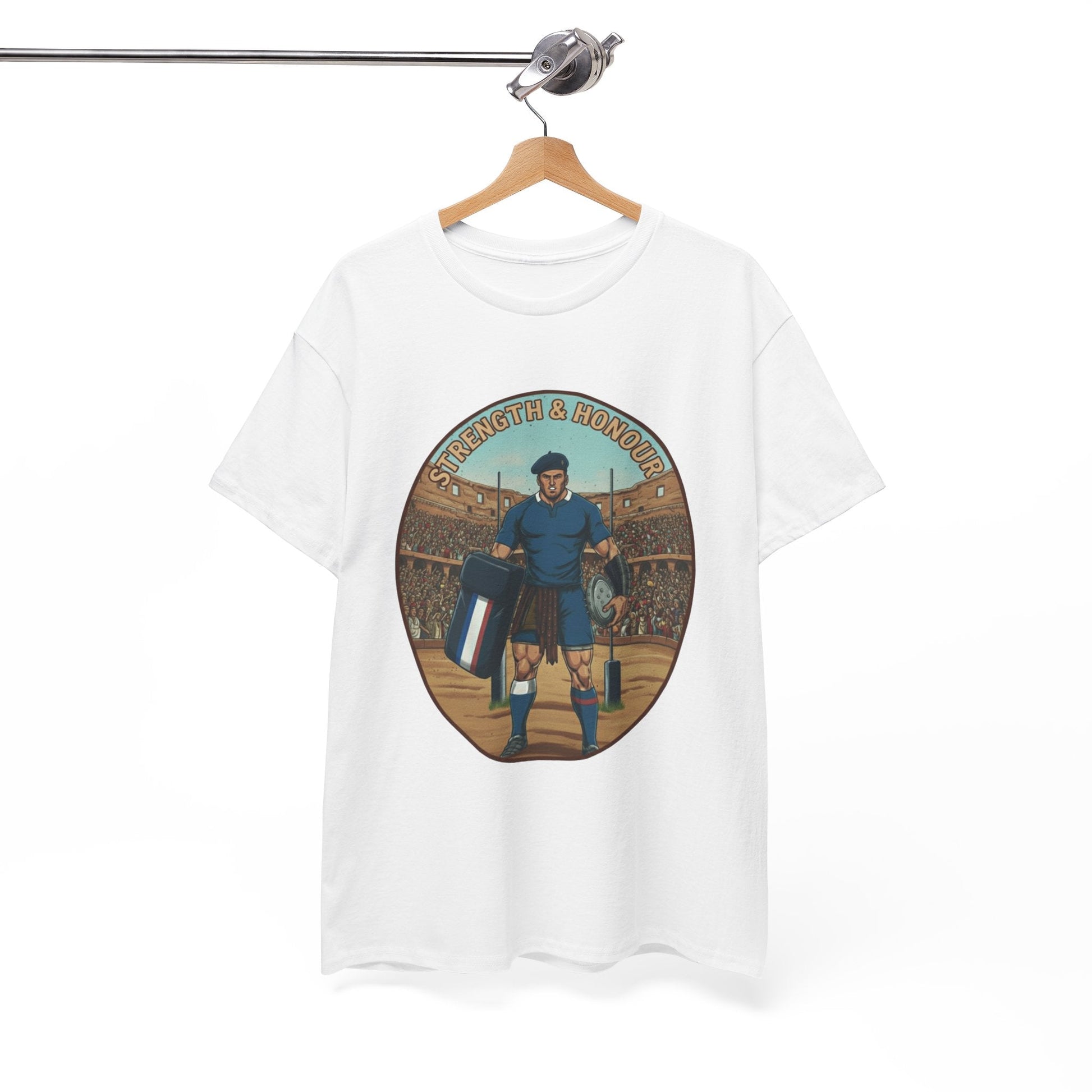 French Rugby Warrior "Strength & Honour" T-Shirt | Roman Gladiator Style Rugby Fan Tee - Rugby & Beer