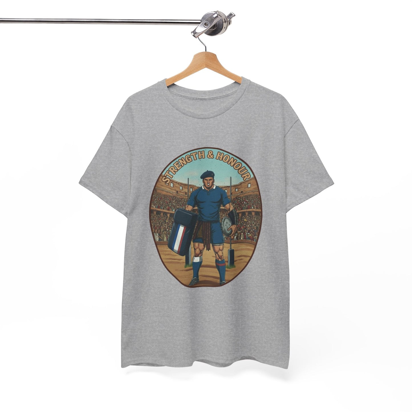 French Rugby Warrior "Strength & Honour" T-Shirt | Roman Gladiator Style Rugby Fan Tee - Rugby & Beer