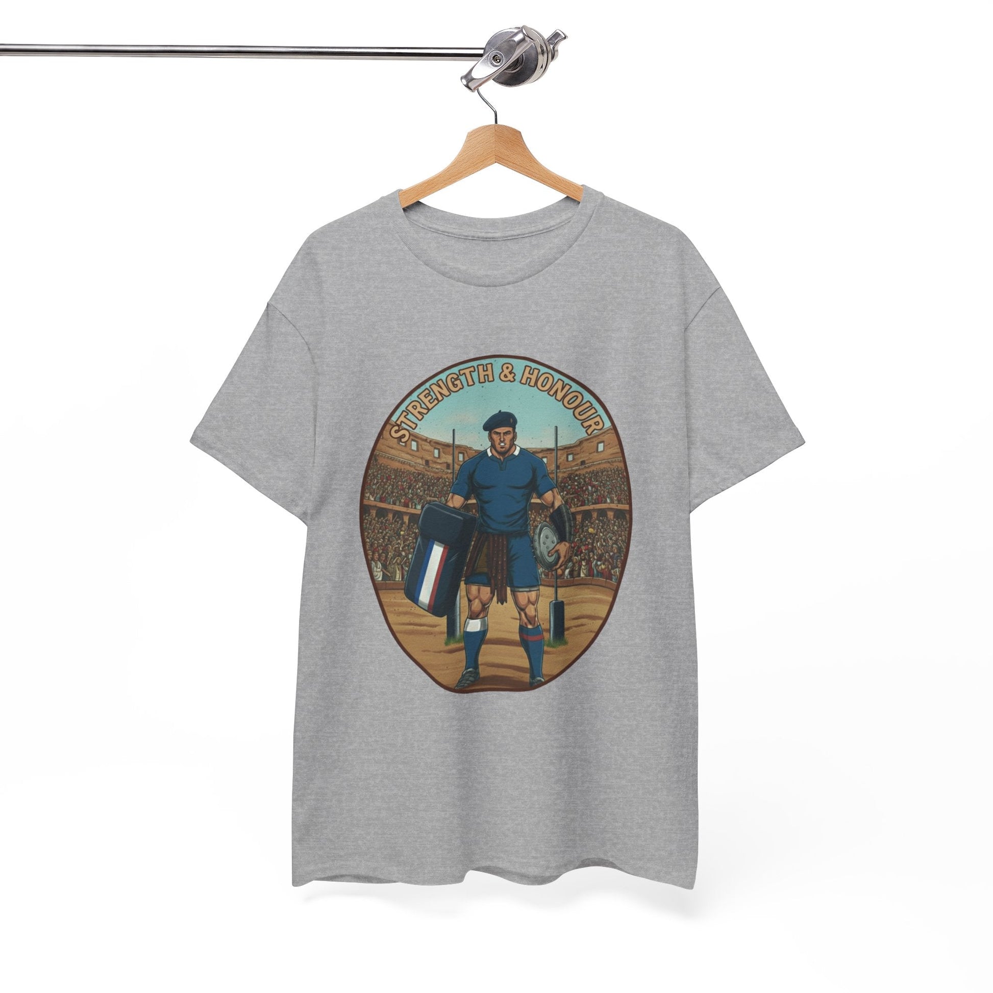 French Rugby Warrior "Strength & Honour" T-Shirt | Roman Gladiator Style Rugby Fan Tee - Rugby & Beer