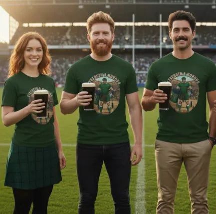 Three Irish Rugby Fans wearing Strength & Honour T-Shirt, holding stout