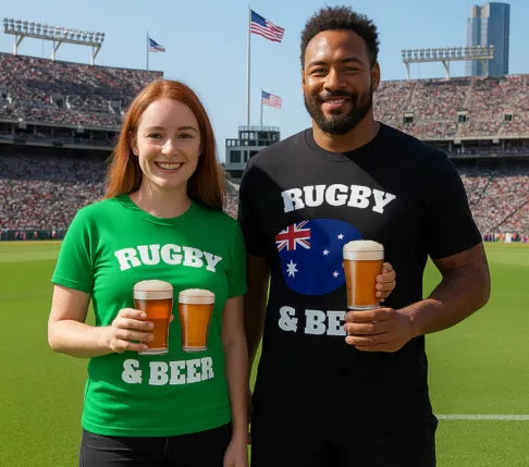 Two people wearing New Zealand and Irish Rugby & Beer T-Shirts