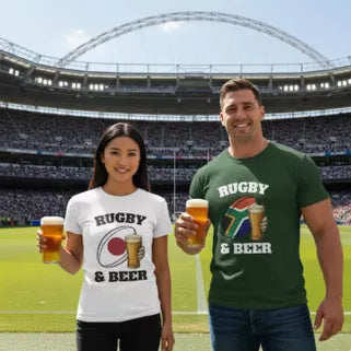 Two people wearing Japanese and South African rugby-themed t-shirts with a stadium in the background