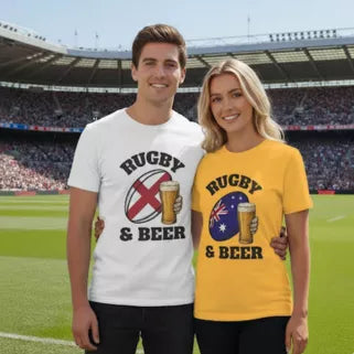 Two people wearing English and Australian t-shirts with rugby and beer designs at a stadium.