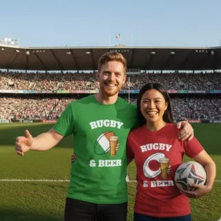 Man wearing Irish rugby t-shirt and female wearing Japanese rugby t-shirt in a stadium