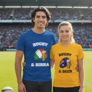 Man wearing an Italian rugby t-shirt and a woman wearing an Australian rugby t-shrt with a rugby and beer image, standing in a stadium.